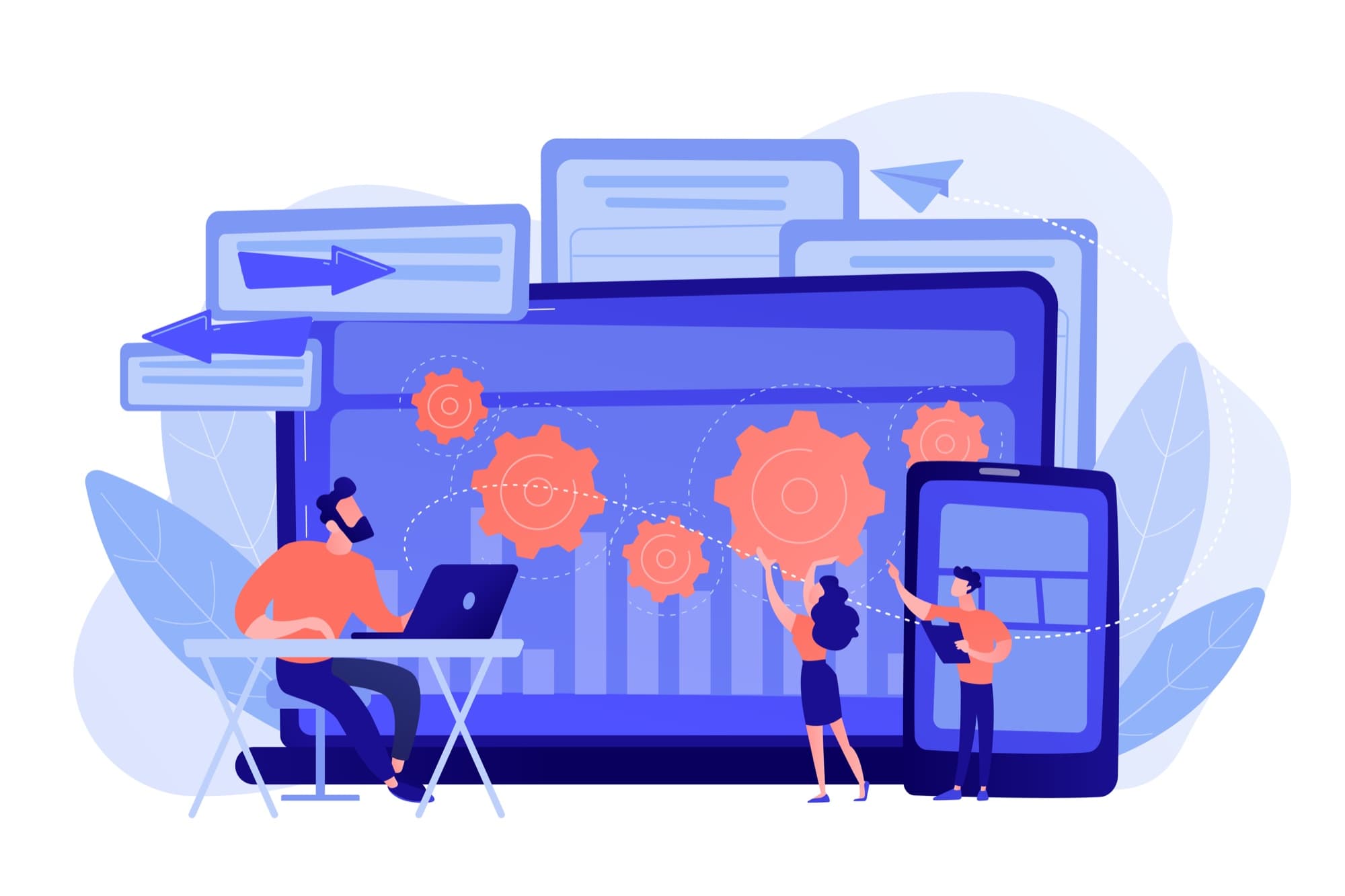 Ilustração de equipe testando uma plataforma digital